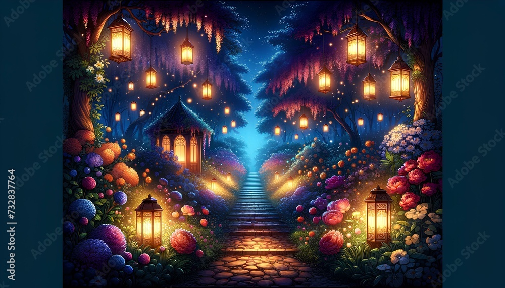 Enchanted Garden at Night Lit by Lanterns - Generative AI