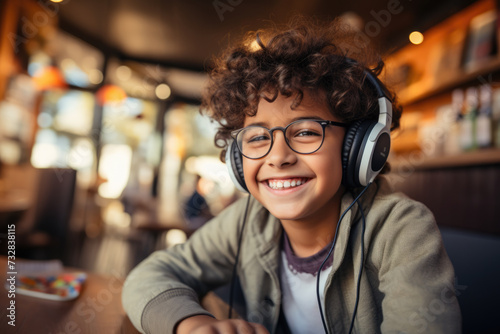 Happy Child with Headphones in a Café