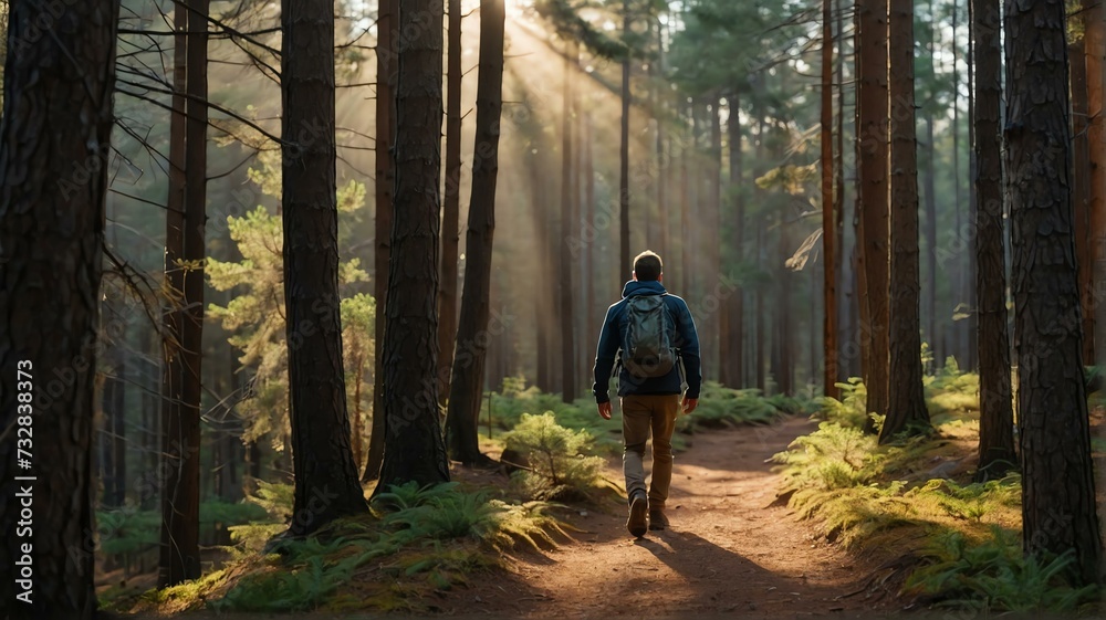 Hiker guy walking on pine forest path on on trail woods background at morning with sunlight rays from Generative AI Hiker guy walking on pine forest path on on trail woods background at morning with sunlight rays from Generative AI