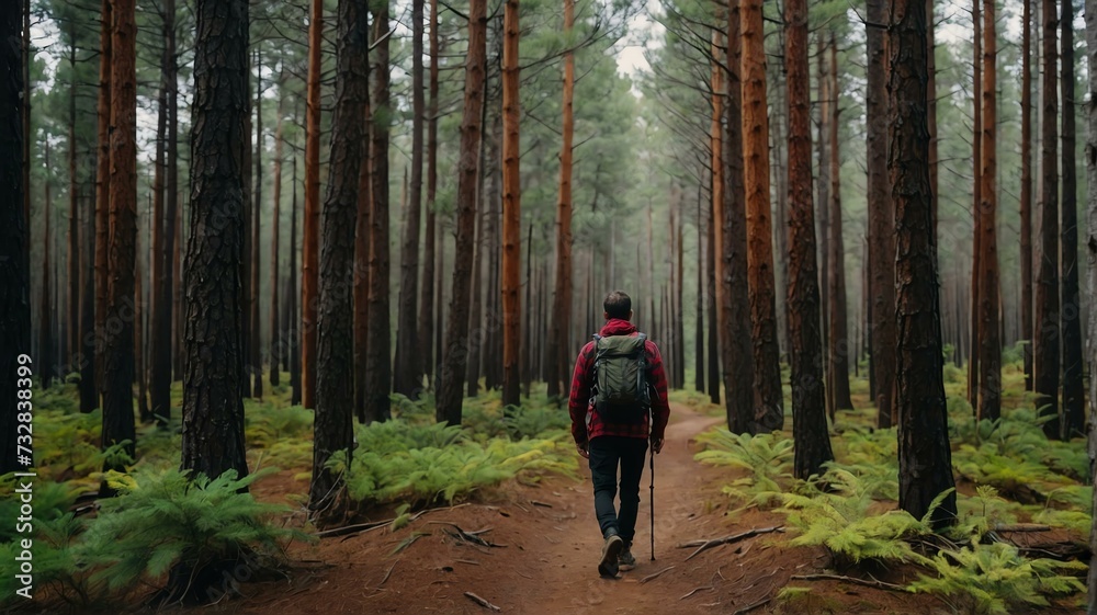 Hiker man walking on pine forest path on on trail woods background from Generative AI
