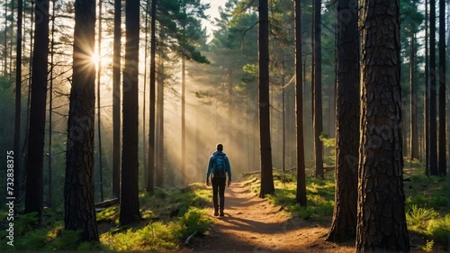 Hiker guy walking on pine forest path on on trail woods background at morning with sunlight rays from Generative AI photo