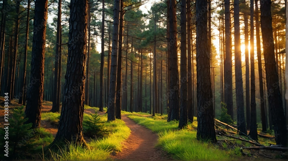 Pine trees forest path on on trail woods background at sunset from Generative AI