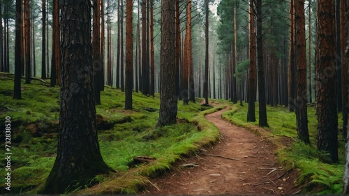 Pine trees forest path on on trail woods background from Generative AI