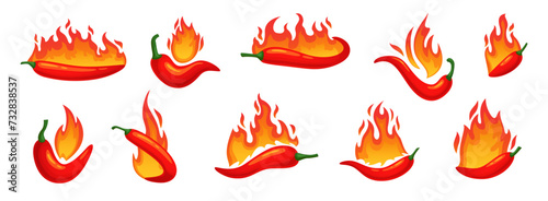 Cartoon hot chilli peppers with fire flames. Spicy burning mexican red vegetable for salsa. Cooking ingredients. Vector emblem for spicy food and sauces