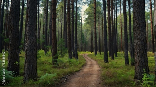 Pine trees forest path on on trail woods background from Generative AI