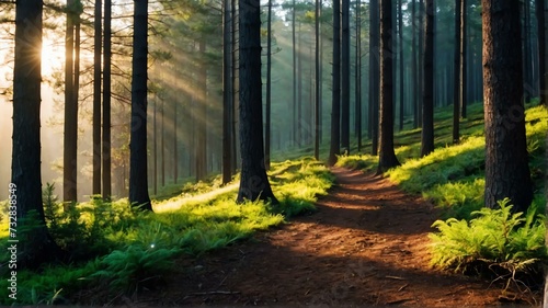Pine trees forest path on on trail woods background at morning with sunlight rays from Generative AI