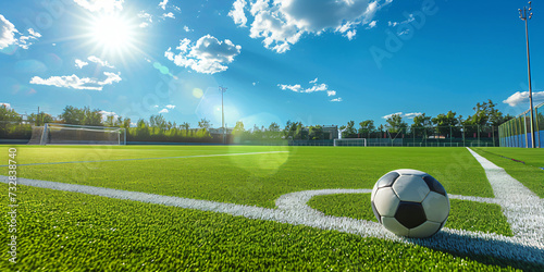 Fußball auf einem Sportplatz mit blauen Himmel und Sonnenschein 