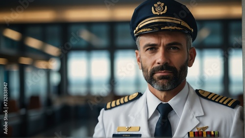 Portrait of a handsome male flight captain pilot on uniform in airport terminal background from Generative AI