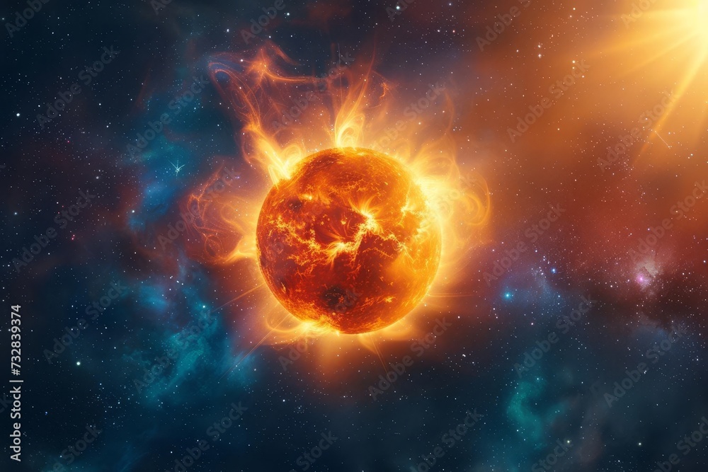 Cosmic depiction of the sun in space Showcasing a fiery and vibrant celestial body Perfect for space themes and educational content Cosmic depiction of the sun in space Showcasing a fiery and vibrant celestial body Perfect for space themes and educational content