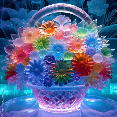 colorful glass flowers in a basket
