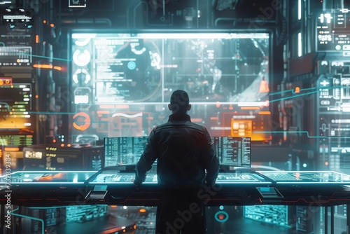 Cyberpunk hacker in a futuristic setting Surrounded by virtual interfaces and complex codes Depicting a world of advanced technology and cybernetics