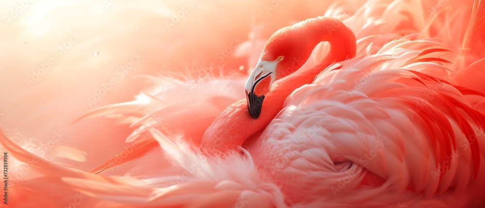 Fototapeta premium pink flamingo, photo wallpaper, peach color background, trendy color, screen saver.