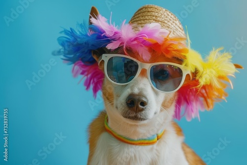 Party scene with a dog wearing a colorful summer hat and stylish sunglasses Creating a fun and joyful atmosphere Perfect for celebrations and humorous themes