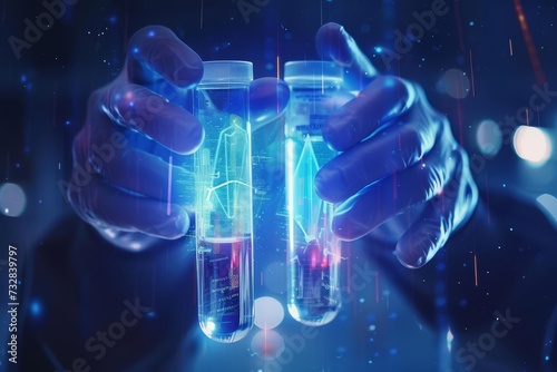 Scientist holding test tubes with futuristic holograms Symbolizing advanced research in medical Pharmaceutical And biotechnological fields