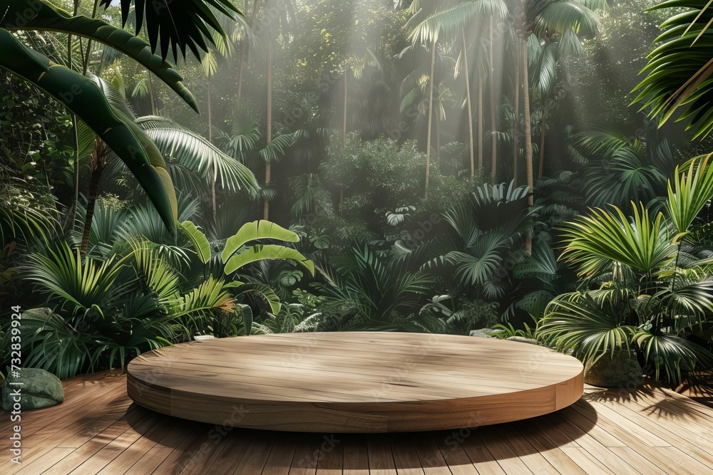 Wooden podium in a tropical forest setting Providing a natural and serene platform for product presentations or eco-friendly brand showcases Wooden podium in a tropical forest setting Providing a natural and serene platform for product presentations or eco-friendly brand showcases