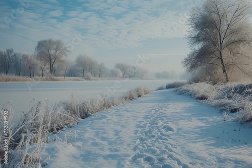 Winter snowscape with soft snow covering the ground and trees Creating a tranquil and picturesque setting Ideal for seasonal themes and peaceful backgrounds