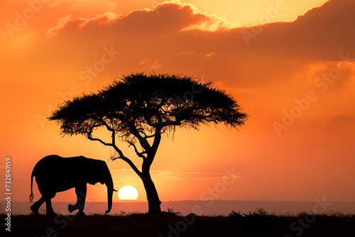 Silhouette of an elephant with a tree in the background at sunset