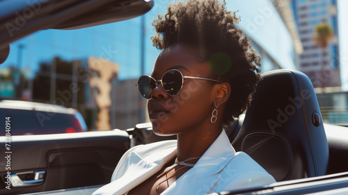 Candid black successful businesswoman driving a convertible car in a sunny city. Glamorous african american female leader living luxury lifestyle. AI generated  © Sophie