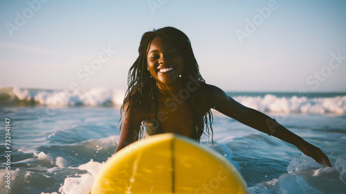 Happy candid african american girl surfing in Australia. Black girl learning to surf waves. AI generated photo