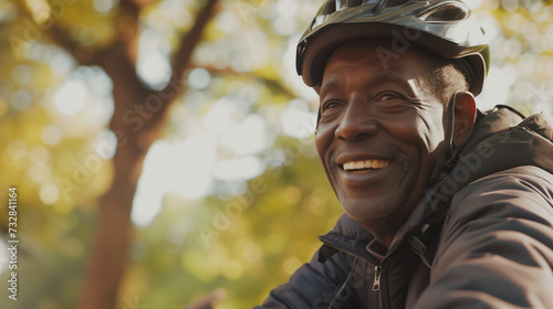 Happy senior african american man cycling in a park outdoors in the sunshine. Ageing population. AI generated
