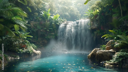 Mystical rainforest waterfall hidden in the jungle  cascading into a crystal-clear pool surrounded by exotic flora