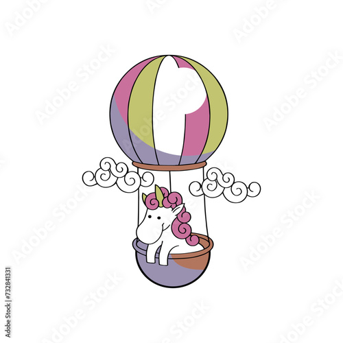 A unicorn with a pink mane inside a lilac, pink, yellow and white balloon and with two clouds next to the balloon.