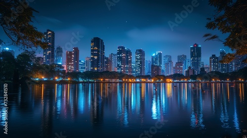 Nighttime view of a cityscape reflected in the lake, lights twinkling on the water, a peaceful moment amidst urban life  © Thanthara