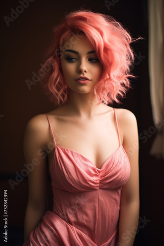 Young AI Female Influencer with Pink Wavy Hair Wearing a Pink Dress