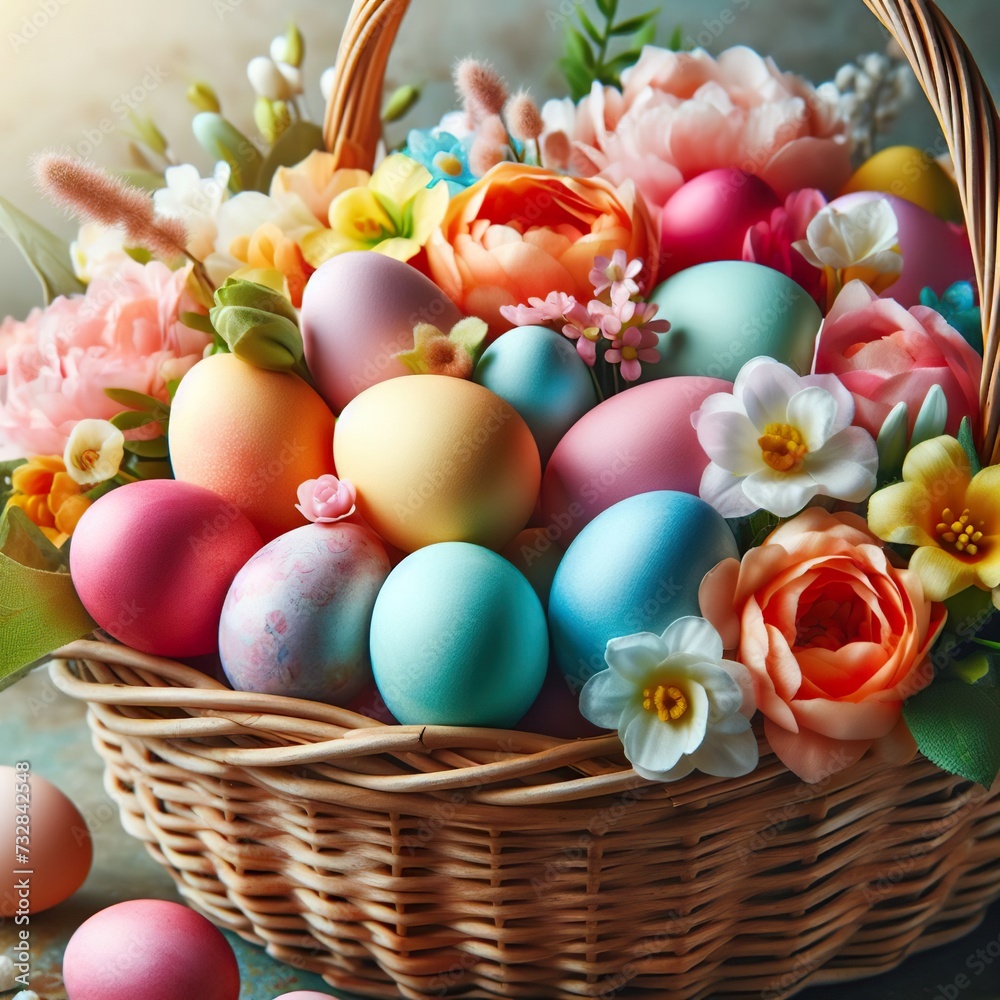 Close-up of a vibrant Easter basket filled with colorful eggs and spring flowers Joyful and festive Perfect for Easter-themed designs 