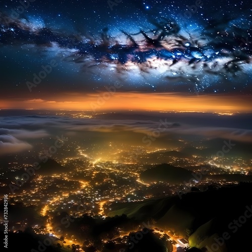 Starry Night Over Illuminated Cityscape with Cloud Cover