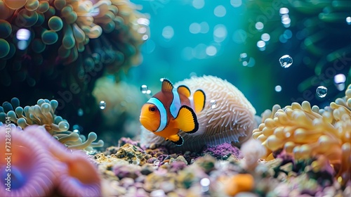 Sea bottom ecosystem with corals and fish wallpaper background © Irina