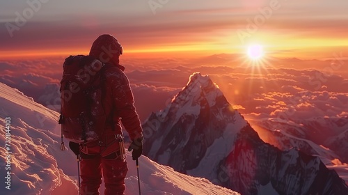 Photorealistic depiction of a climber's first-person view reaching the summit of Mount Everest, breathtaking horizon at dawn 