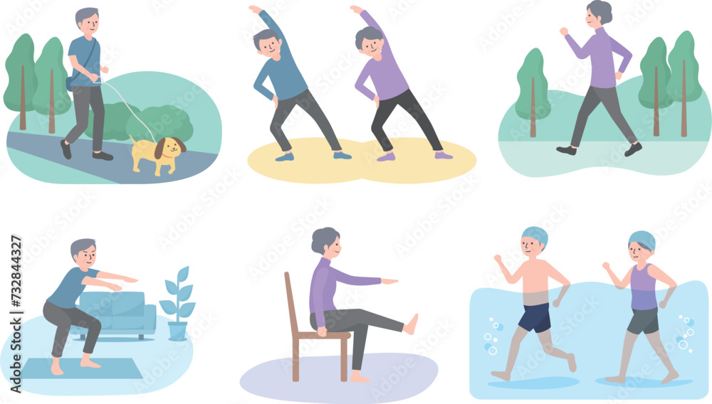 高齢者の運動習慣のイラストセット  