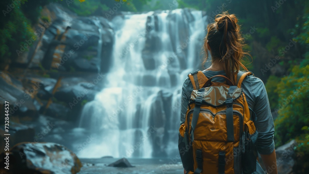 A woman carrying a backpack stands in front of a mysterious waterfall