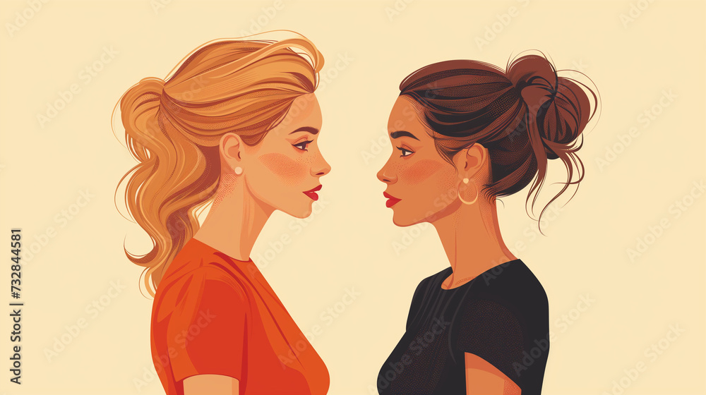 Business women's illustration. One woman wear a red color shirt and blonde hair and the other one is wear the black color shirt and has brown hair Business women's illustration. One woman wear a red color shirt and blonde hair and the other one is wear the black color shirt and has brown hair