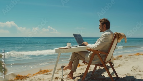 A businessman is sitting and using a laptop in the middle of the beach