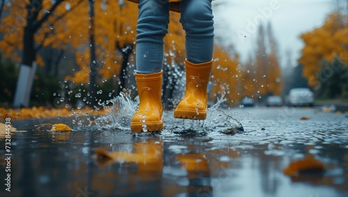 A kid girl happily jumps on puddles on the road