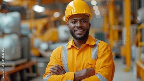 Engineer wearing construction suit standing in factory