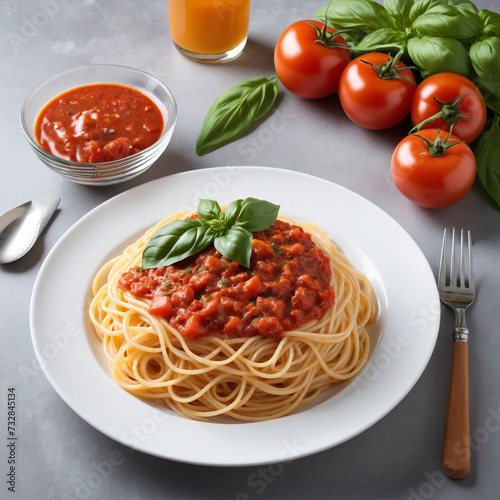 spaghetti with tomato sauce and basil isolated on transparent background