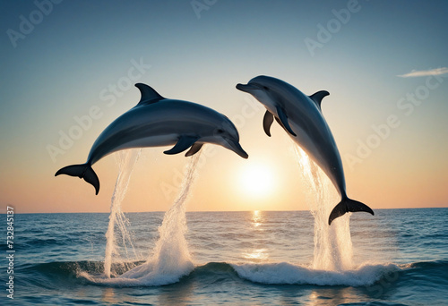Dolphin couple jumping in ocean at night