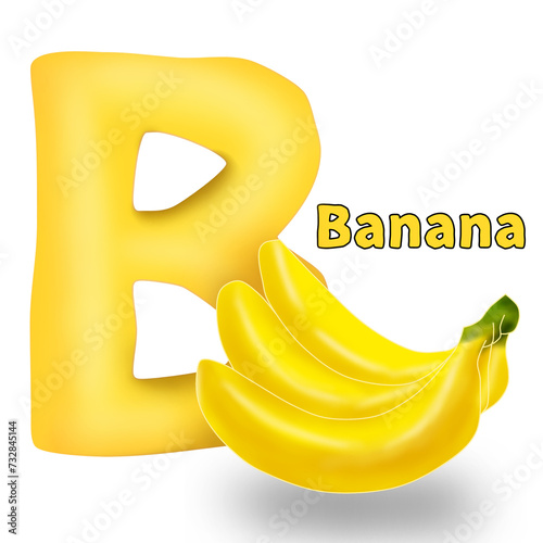 Alphabet with animated fruits, letter B for banana. cartoon alphabet illustration isolated on transparent background