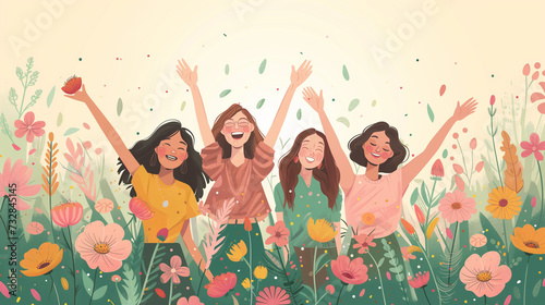 Illustration of 4 girls enjoying a women's day and celebrating the 8th march together
