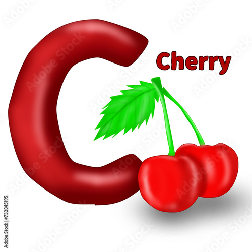 Alphabet with animated fruits, letter C for cherry. cartoon alphabet illustration isolated on transparent background