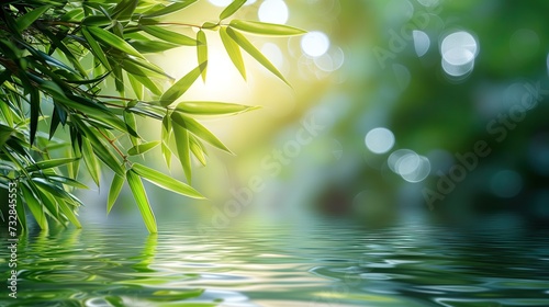 Tranquil Bamboo by the Water Background  Nature Wallpaper  Spa Backdrop  Green Plants  Natural Beauty Photo