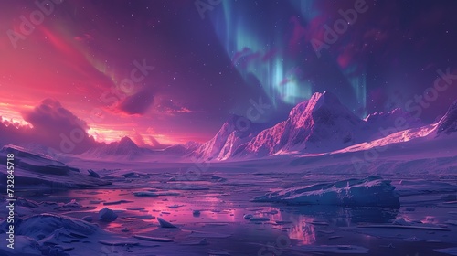 Polar night over an iceberg field, the aurora borealis casting a mystical light over the ice, a scene of silent beauty 