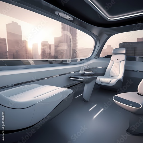 Futuristic Autonomous Vehicle Interior with City Skyline During Golden Hour