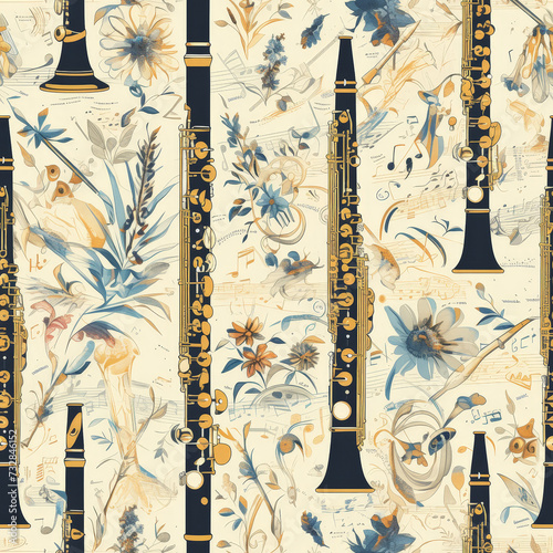 Clarinet Pale instrument abstract patterns classical music, Seamless tile pattern AI