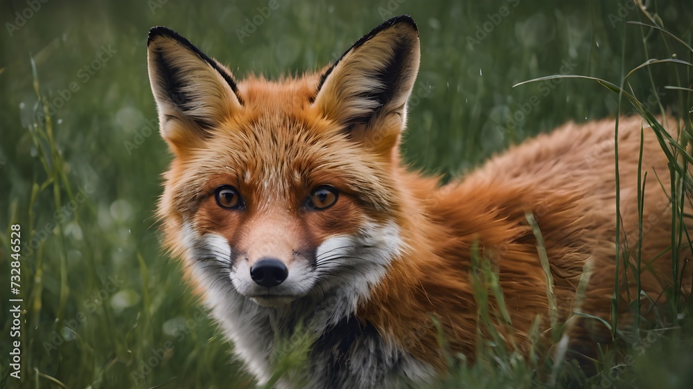 close up portrait red fox vulpes in green grass 