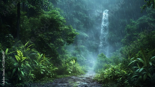 Rainforest path during a rain shower  vibrant greenery  the sound of raindrops on leaves  a distant waterfall murmuring 