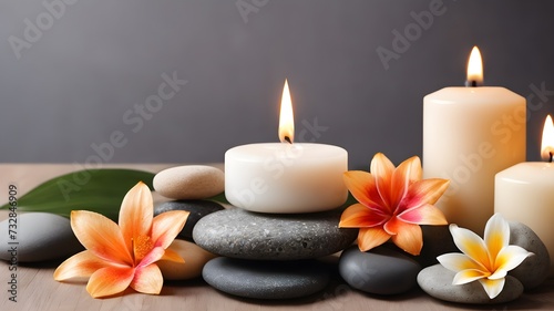 spa still life with candles and orchid, spa concept , grey background 